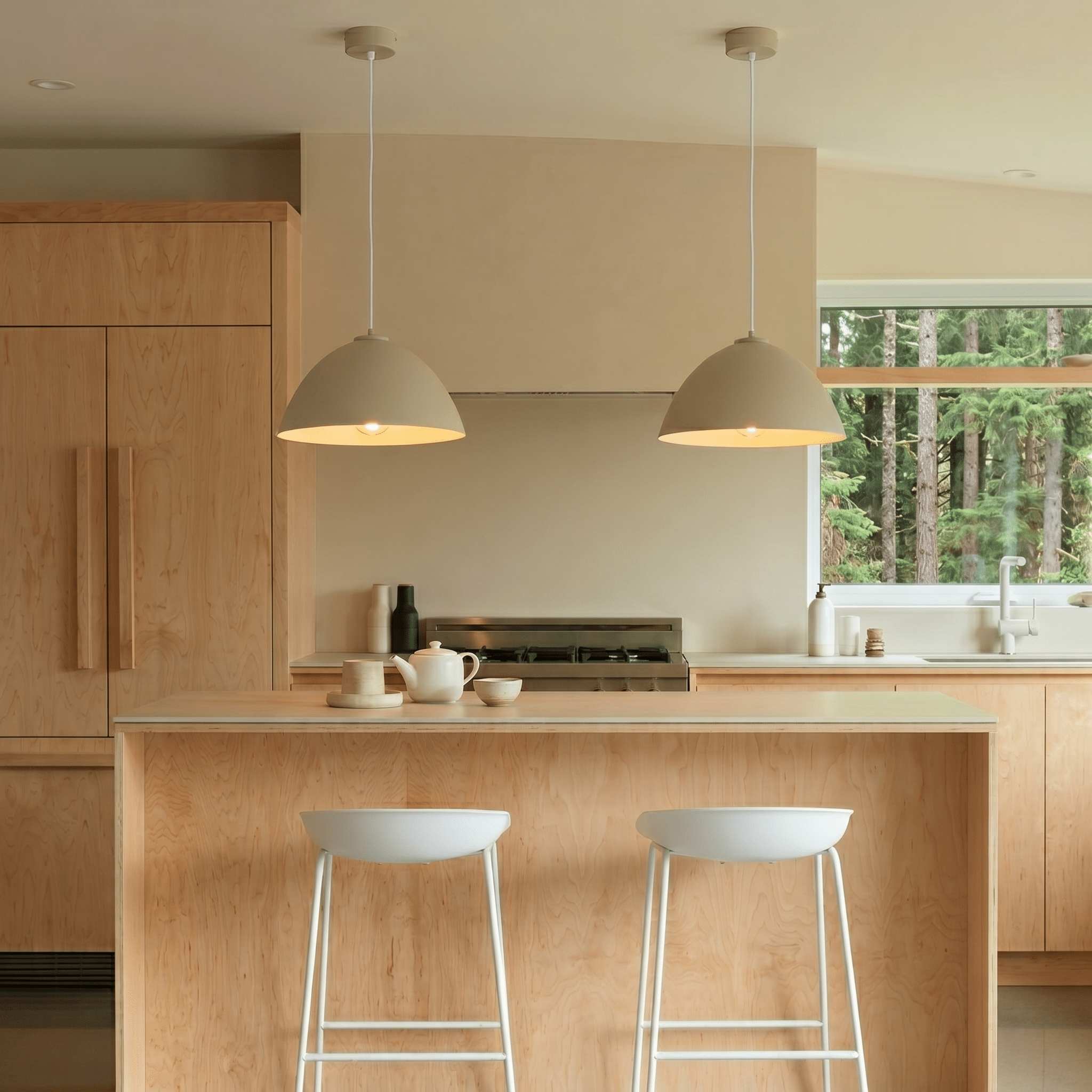 Paire de luminaires suspendus à abat-jour beige en dôme, lumière chaude.