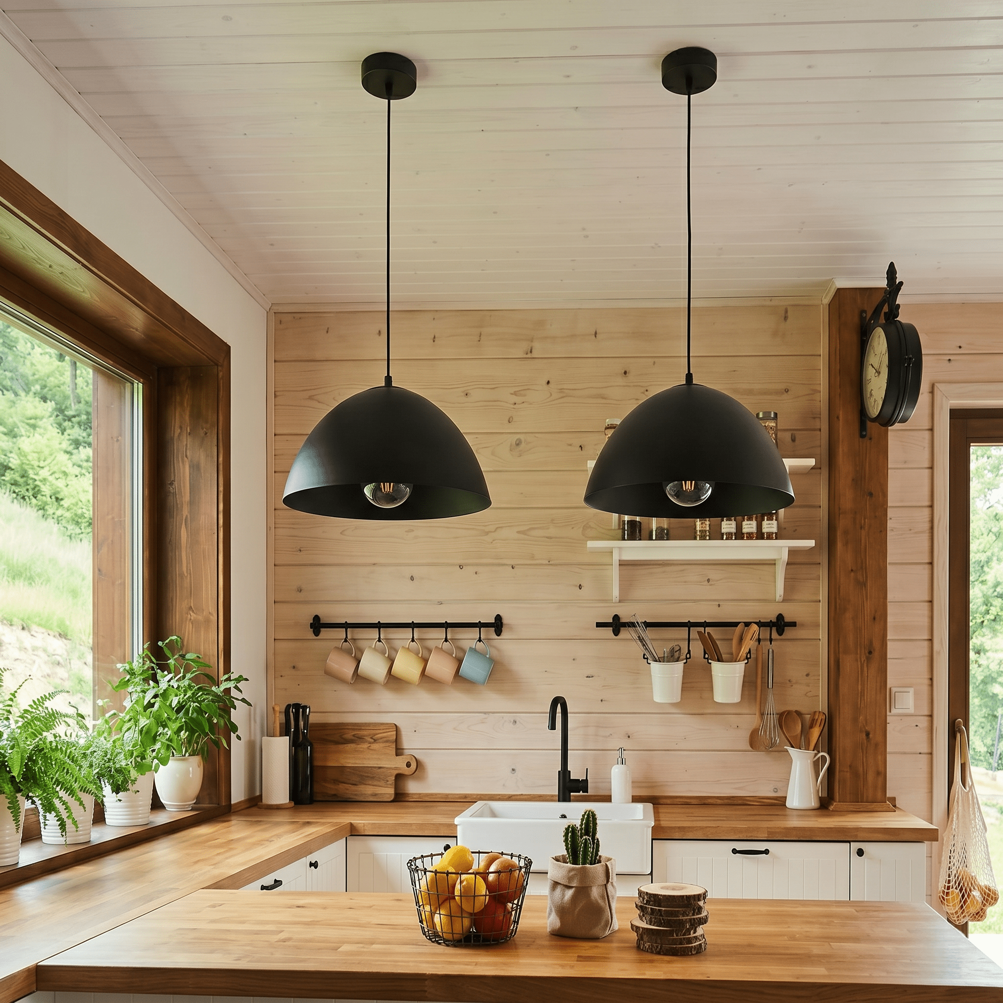Deux luminaires suspendus à abat-jour noirs en cloche, ampoules visibles.