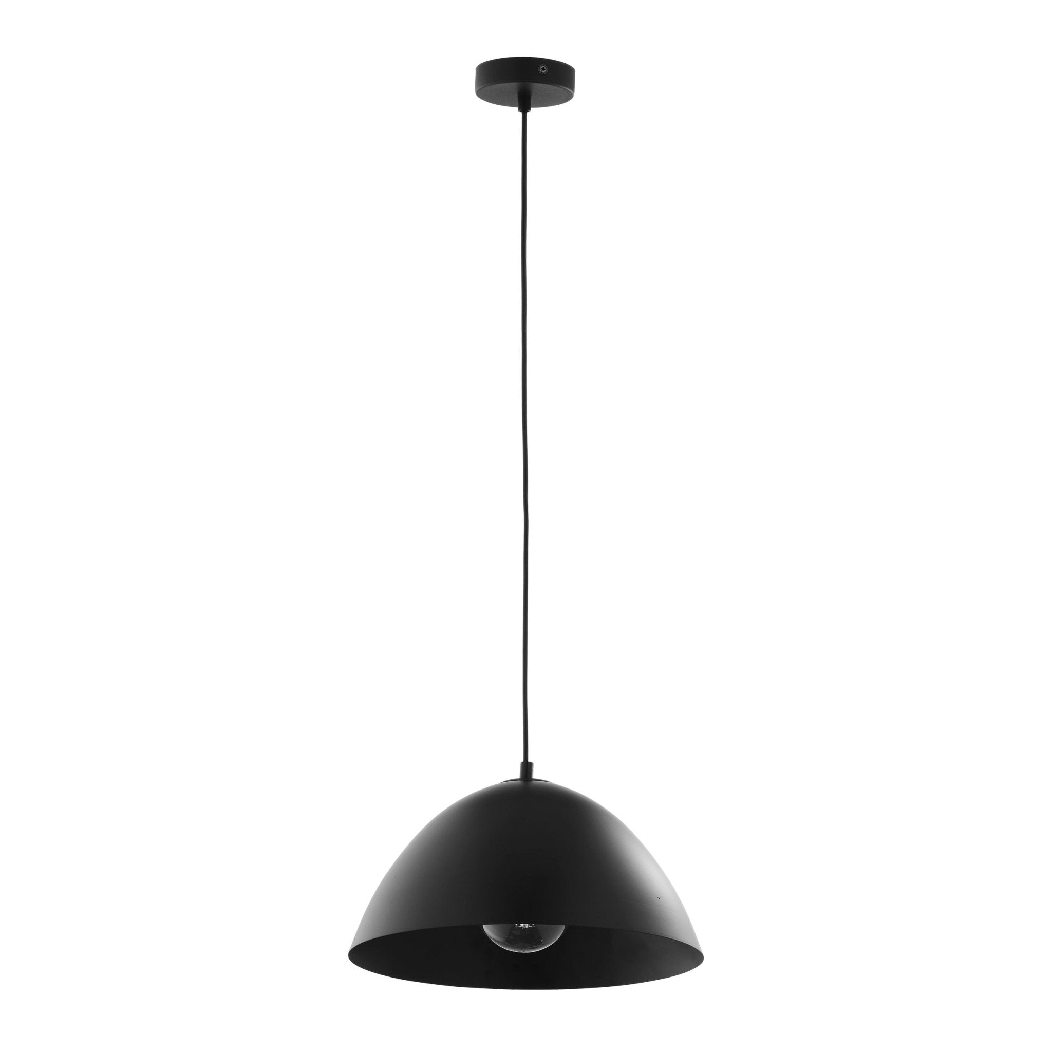 Luminaire suspendu à abat-jour noir en forme de dôme, ampoule visible.