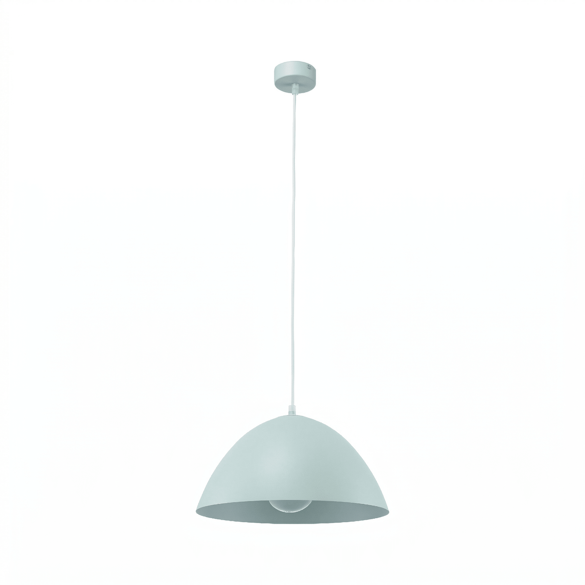Suspension vert menthe avec abat-jour demi-sphère en métal et câble blanc, ampoule centrale