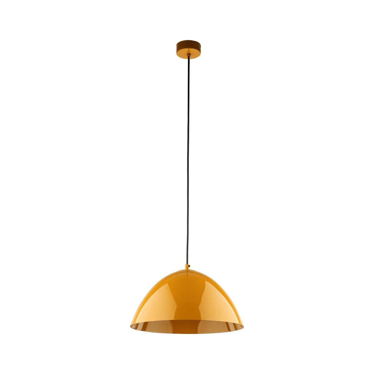 Luminaire suspendu en acier peint jaune, abat-jour hémisphérique, suspension longue