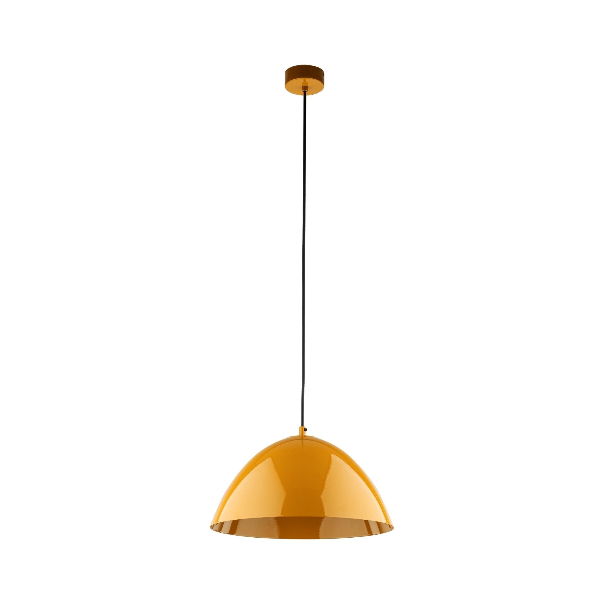 Luminaire suspendu en acier peint jaune, abat-jour hémisphérique brillant