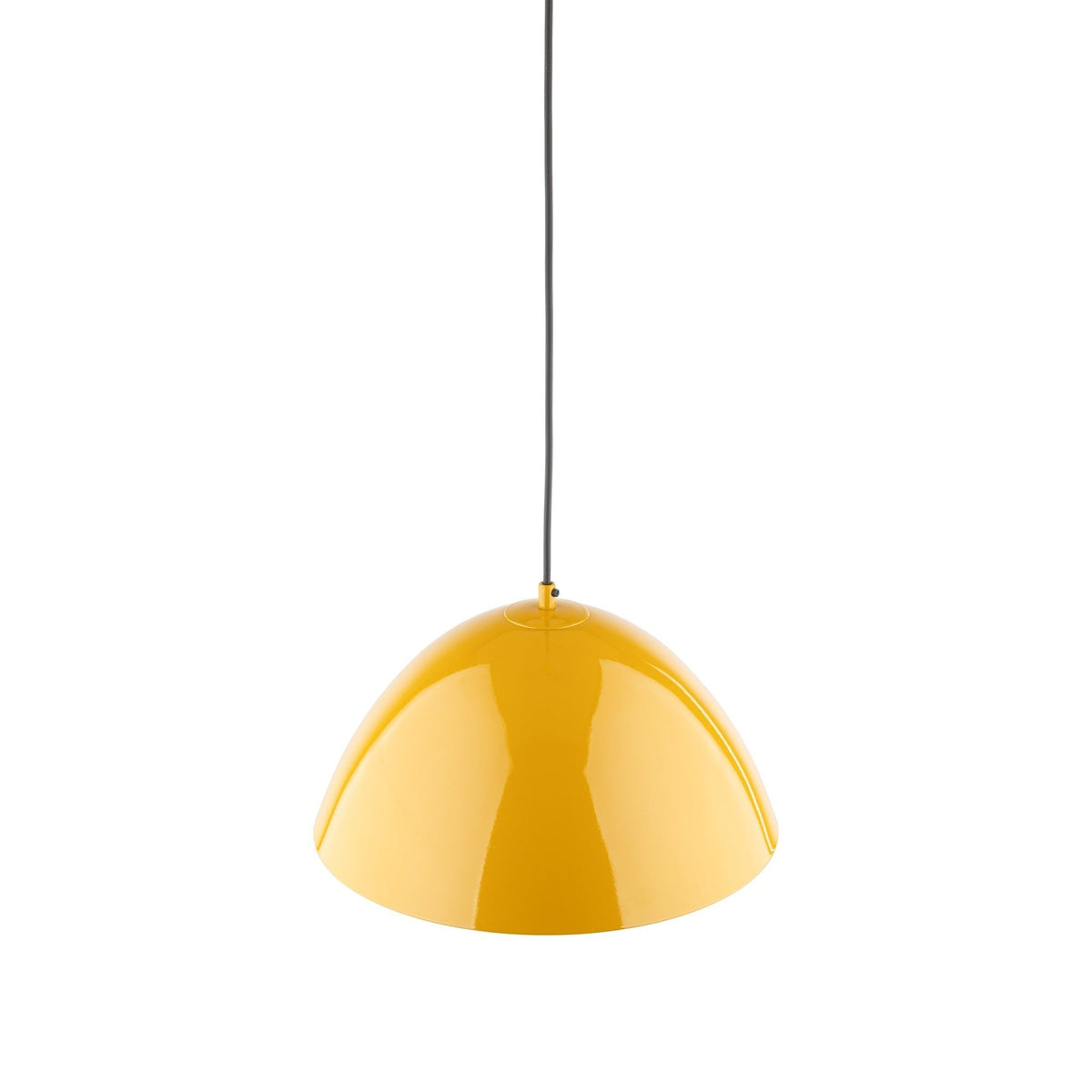 Luminaire suspendu en acier peint jaune, abat-jour hémisphérique, câble fin