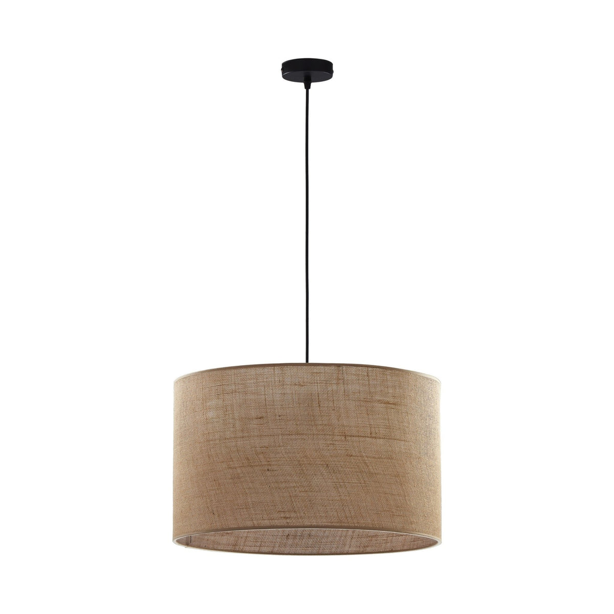 Suspension en jute naturelle tressée, abat-jour cylindrique et support noir