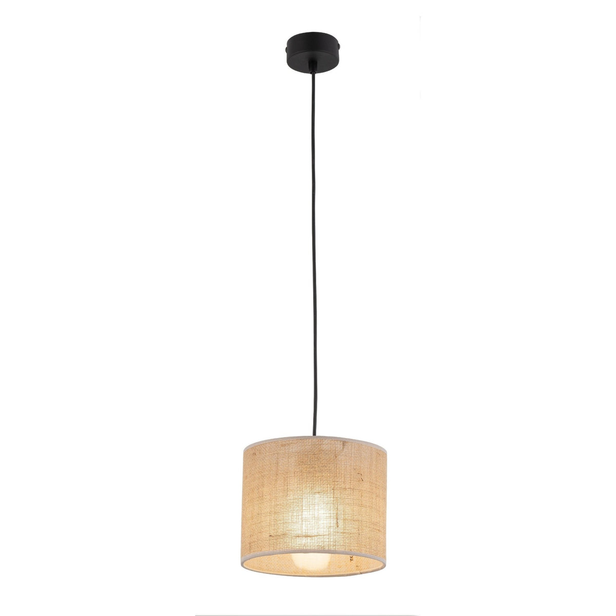 Suspension en jute tressée beige, abat-jour cylindrique avec support noir