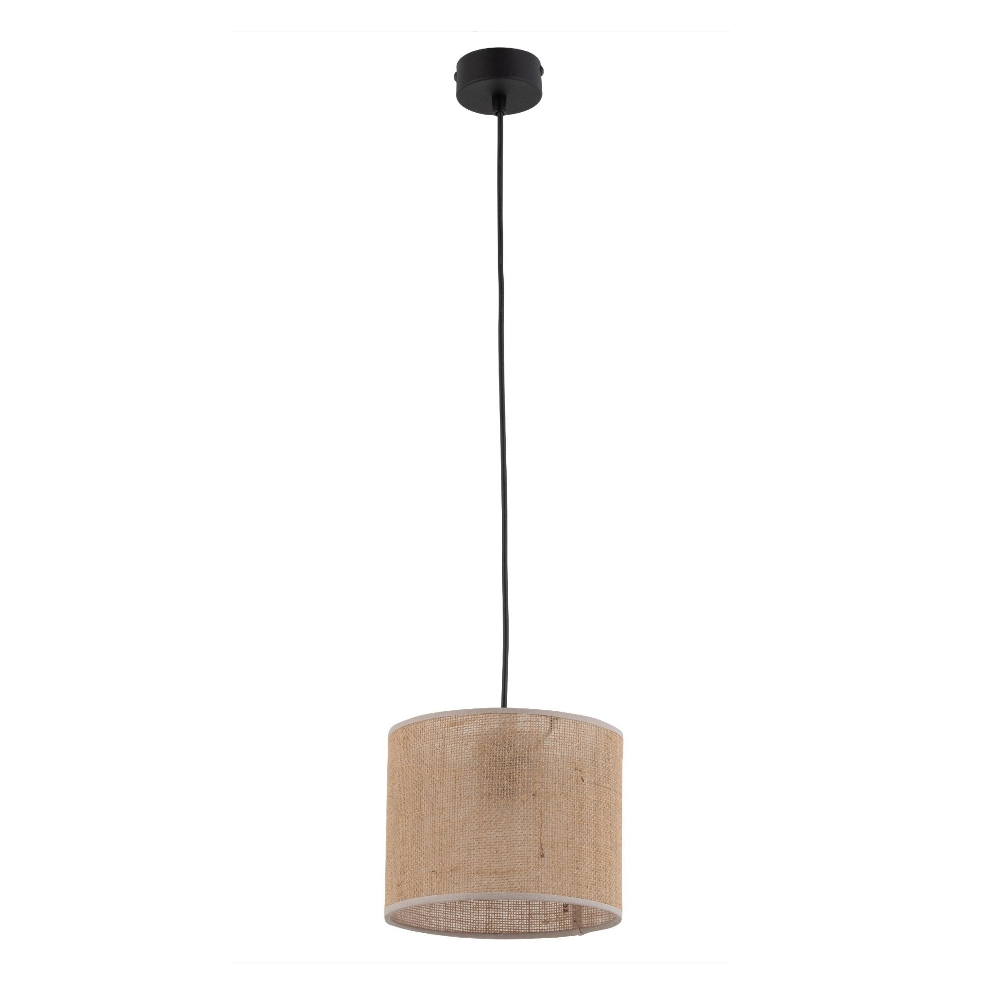 Suspension en jute naturelle tressée beige, abat-jour cylindrique sur cordon noir