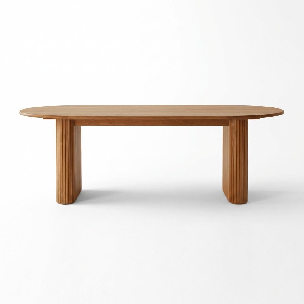 Table à manger en bois massif à plateau arrondi et pieds cannelés