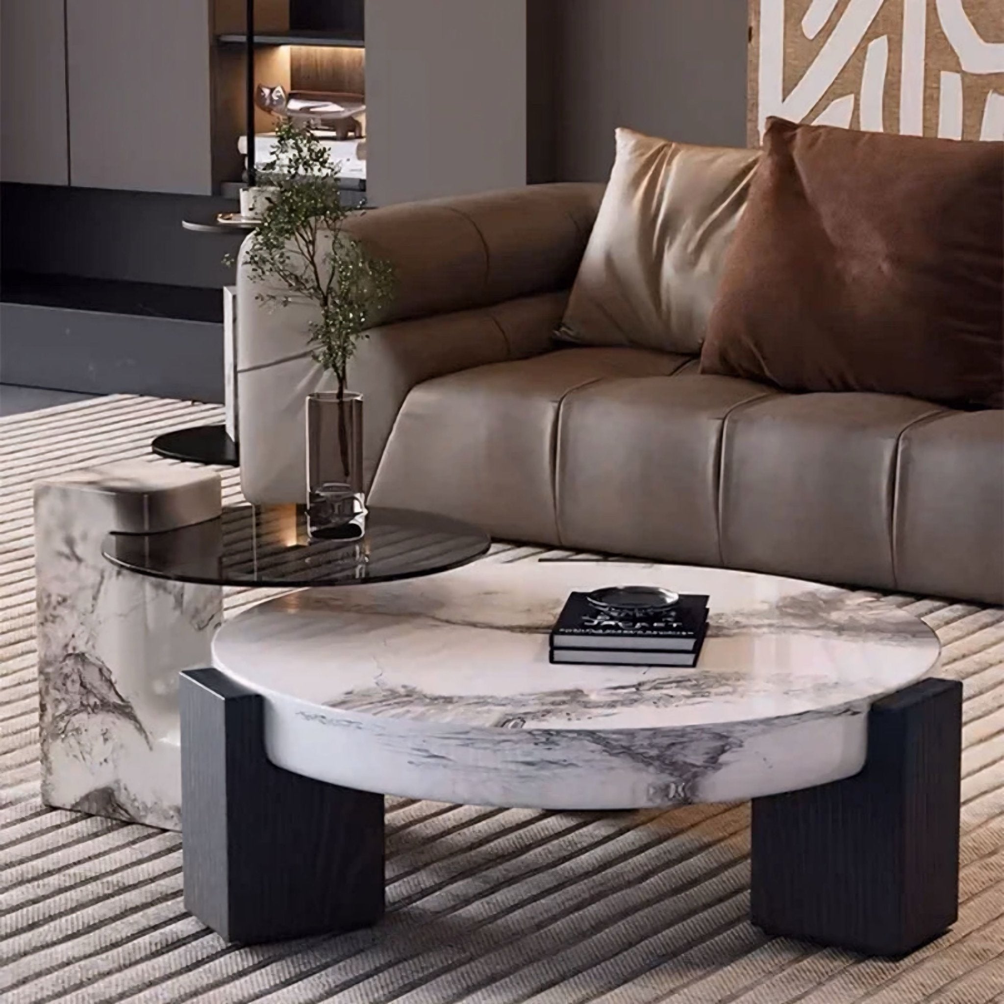 Table basse Makoto | Plateau céramique | Base en chêne et pierre naturelle - Les Trouvailles de JustineNisu Home
