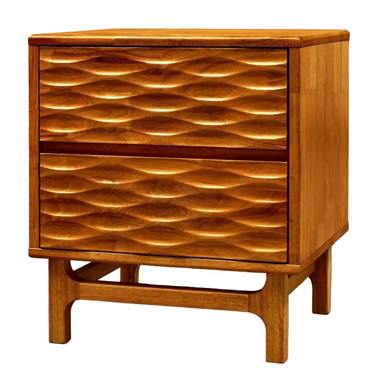 Table de chevet en bois foncé à 2 tiroirs, façades ondulées et poignées encastrées