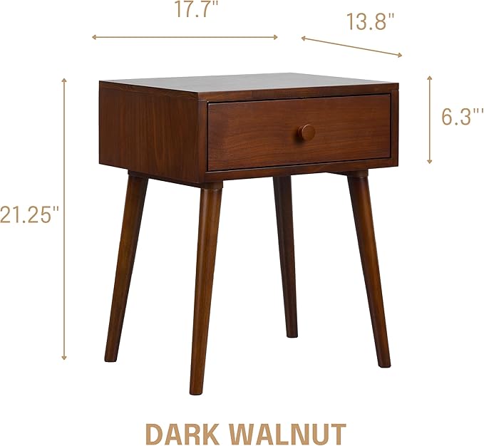 Table de chevet bois foncé avec tiroir rectangulaire et poignée ronde, vue de trois-quarts.