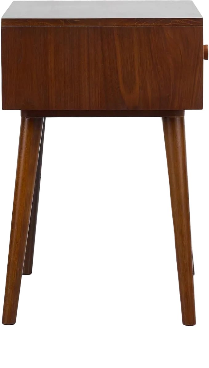 Table de chevet bois brun avec tiroir, vue de côté, pieds fuseau mid-century.