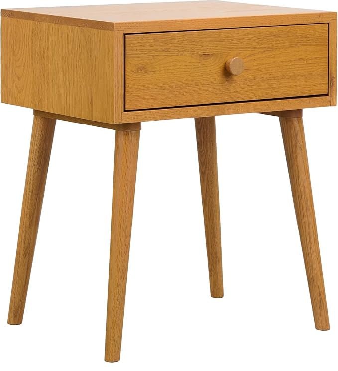 Table de chevet mid-century moderne en bois clair avec tiroir et pieds en bois