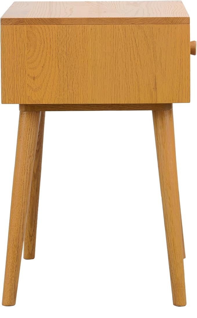 Table de chevet chêne clair vue de côté, tiroir avec poignée ronde, pieds fuseau.