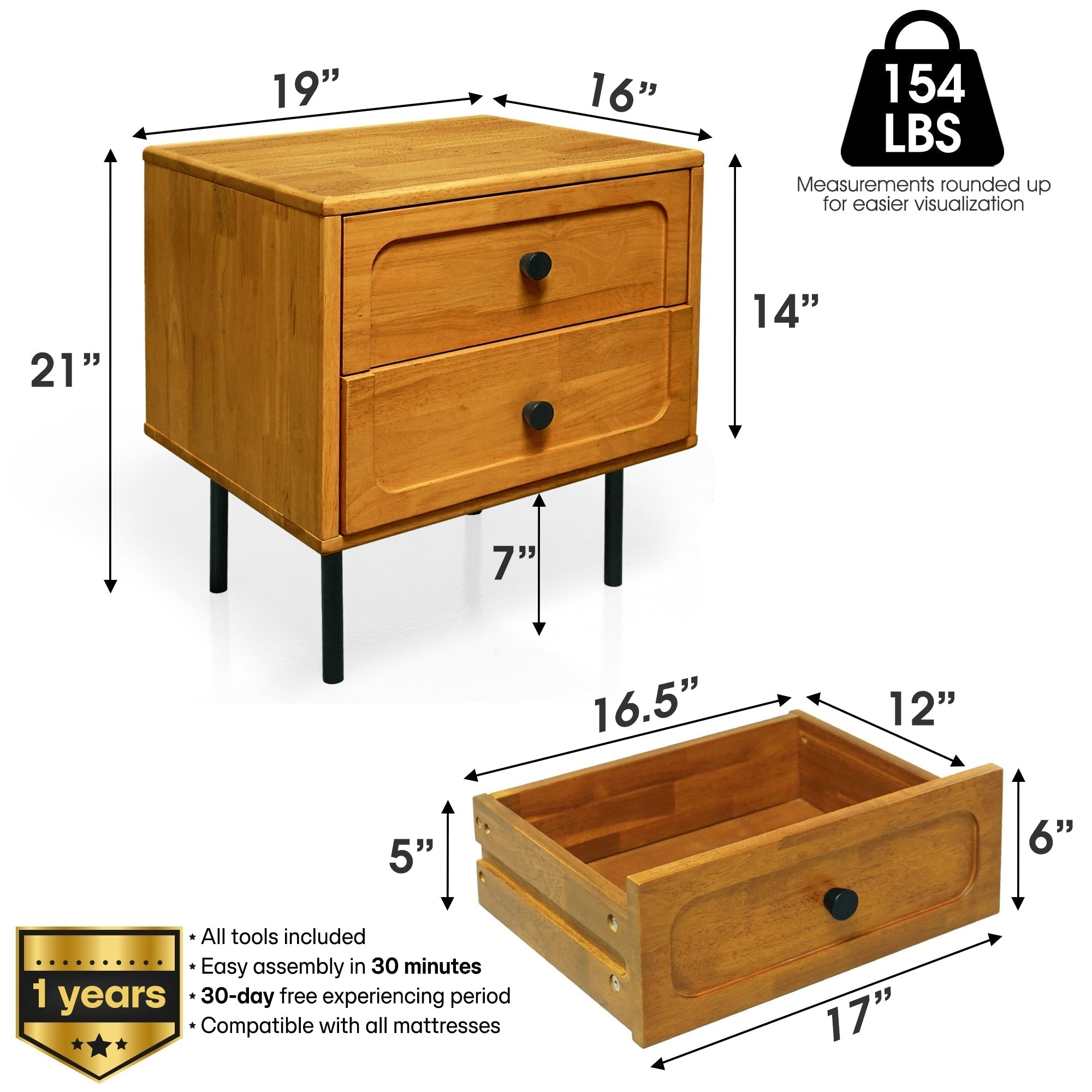 Table de chevet en bois avec 2 tiroirs et dimensions, vue de face et perspective