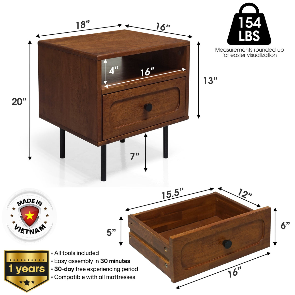 Table de chevet en bois brun massif avec 1 tiroir : schéma de dimensions