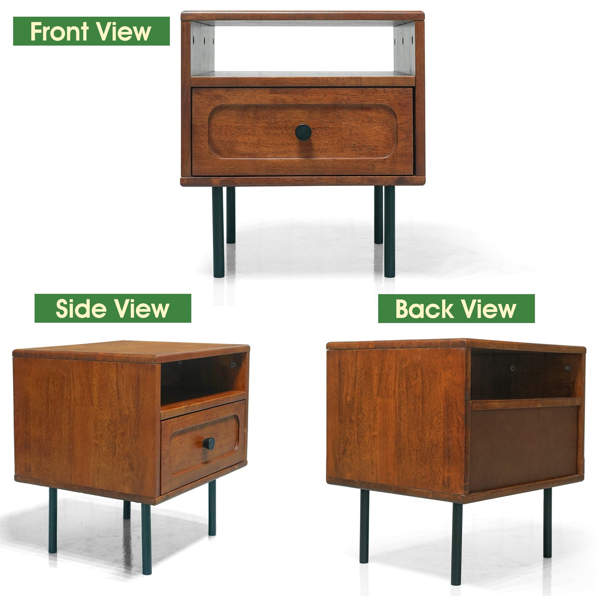 Table de chevet en bois massif brun : 1 tiroir, niche ouverte, pieds fins.