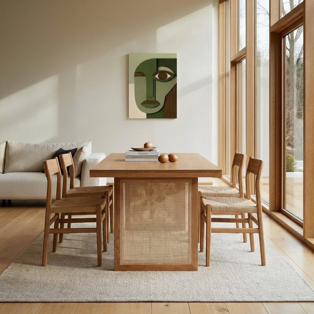 Table de salle à manger Corwin en bois clair, panneau en rotin sur le piètement