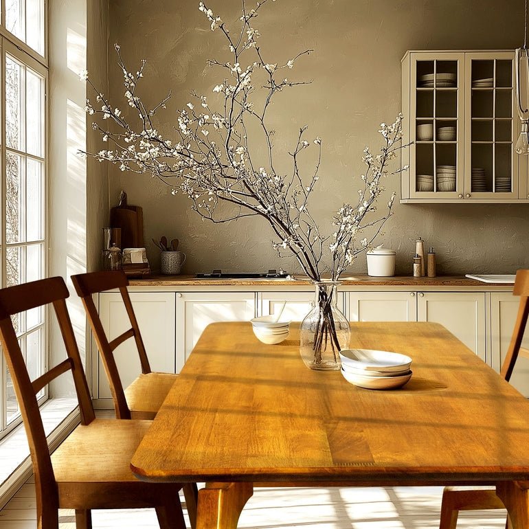 Table de salle à manger en bois massif caramel, plateau rectangulaire avec assiettes sur le dessus