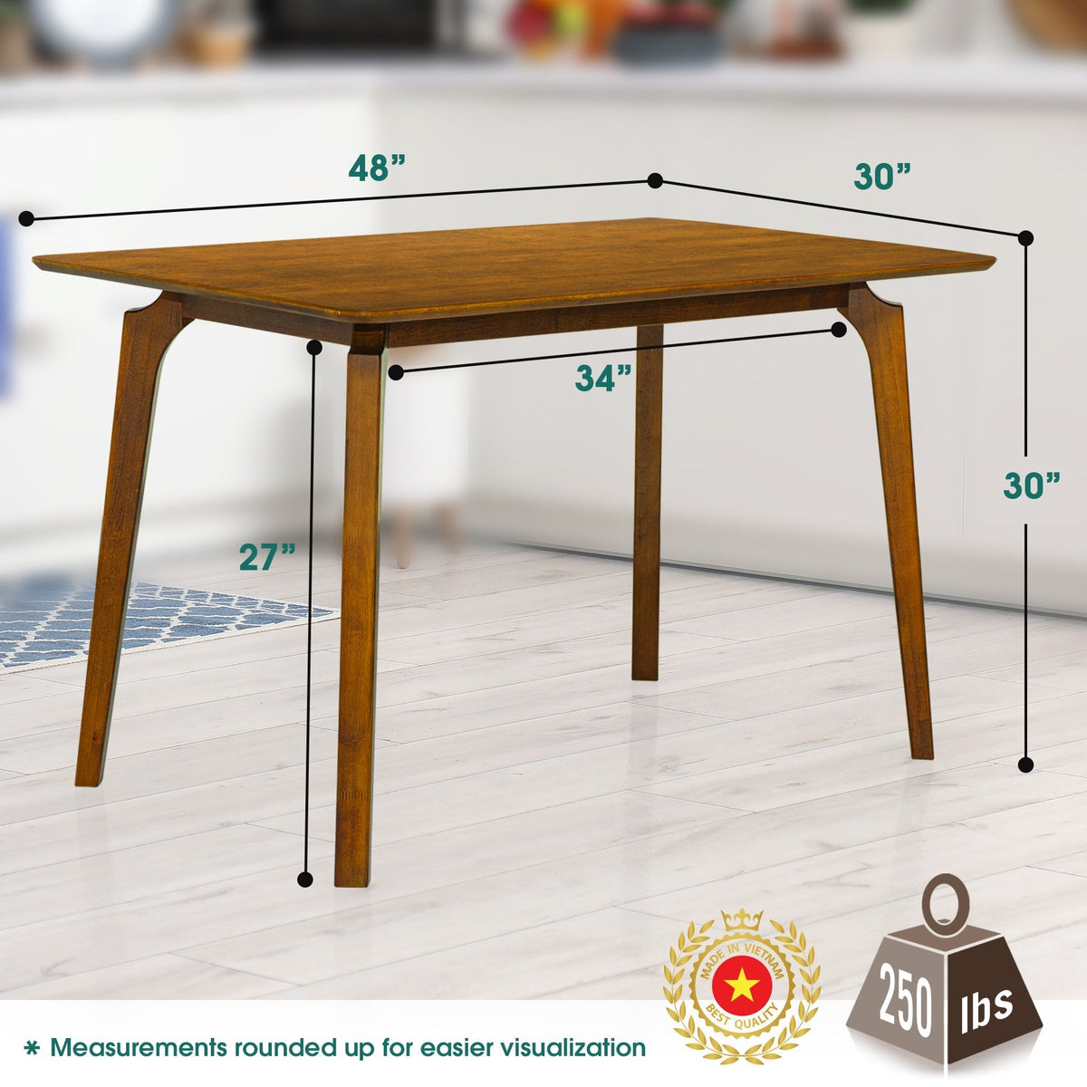 Table de salle à manger en bois massif caramel avec dimensions, plateau rectangulaire et 4 pieds