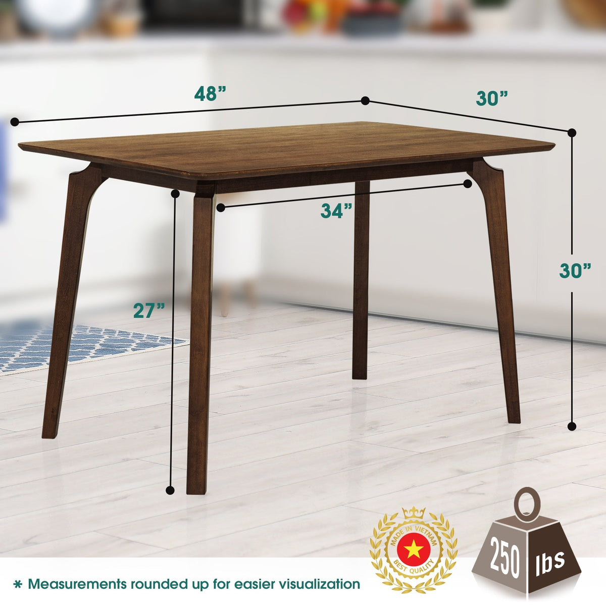 Table de salle à manger en bois massif noyer, plateau rectangulaire et pieds fuselés