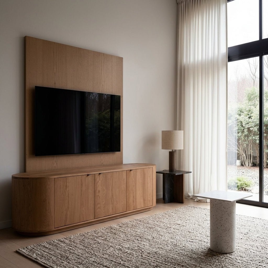 Meuble TV bas en bois clair avec façade à panneaux et portes alignées