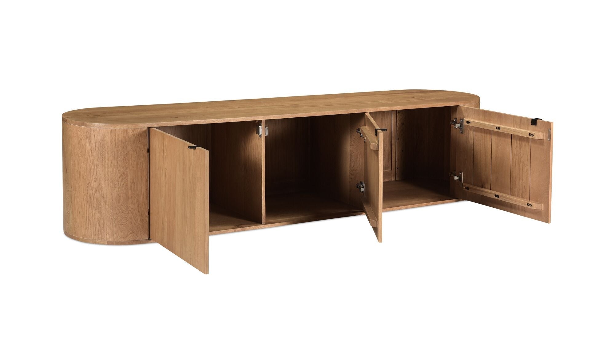 Meuble TV en bois clair ouvert : portes basculantes et espace de rangement intérieur