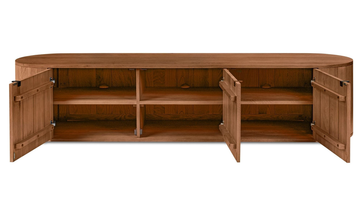 Meuble TV Tamale en bois brun, longue console avec portes rabattables et niches ouvertes.