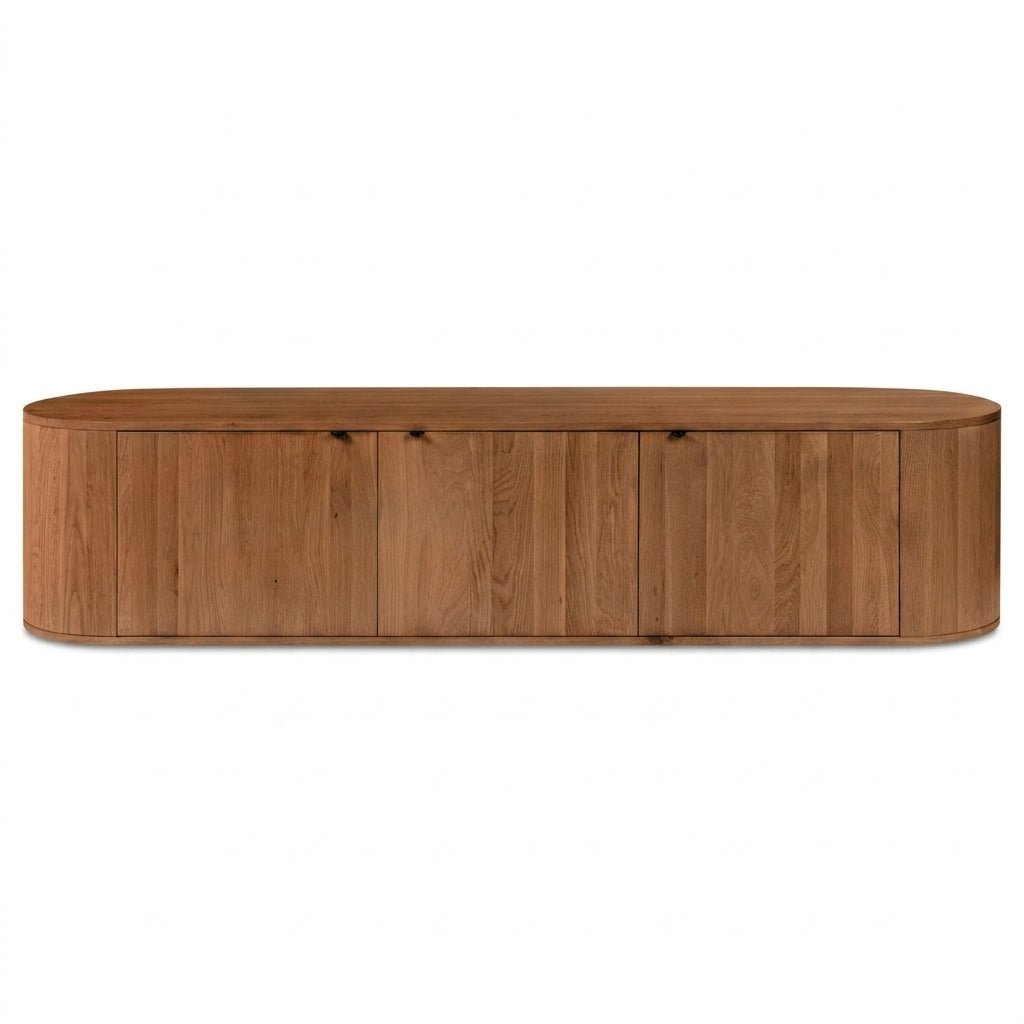 Meuble TV ovale en bois brun clair, façade avec lignes de portes