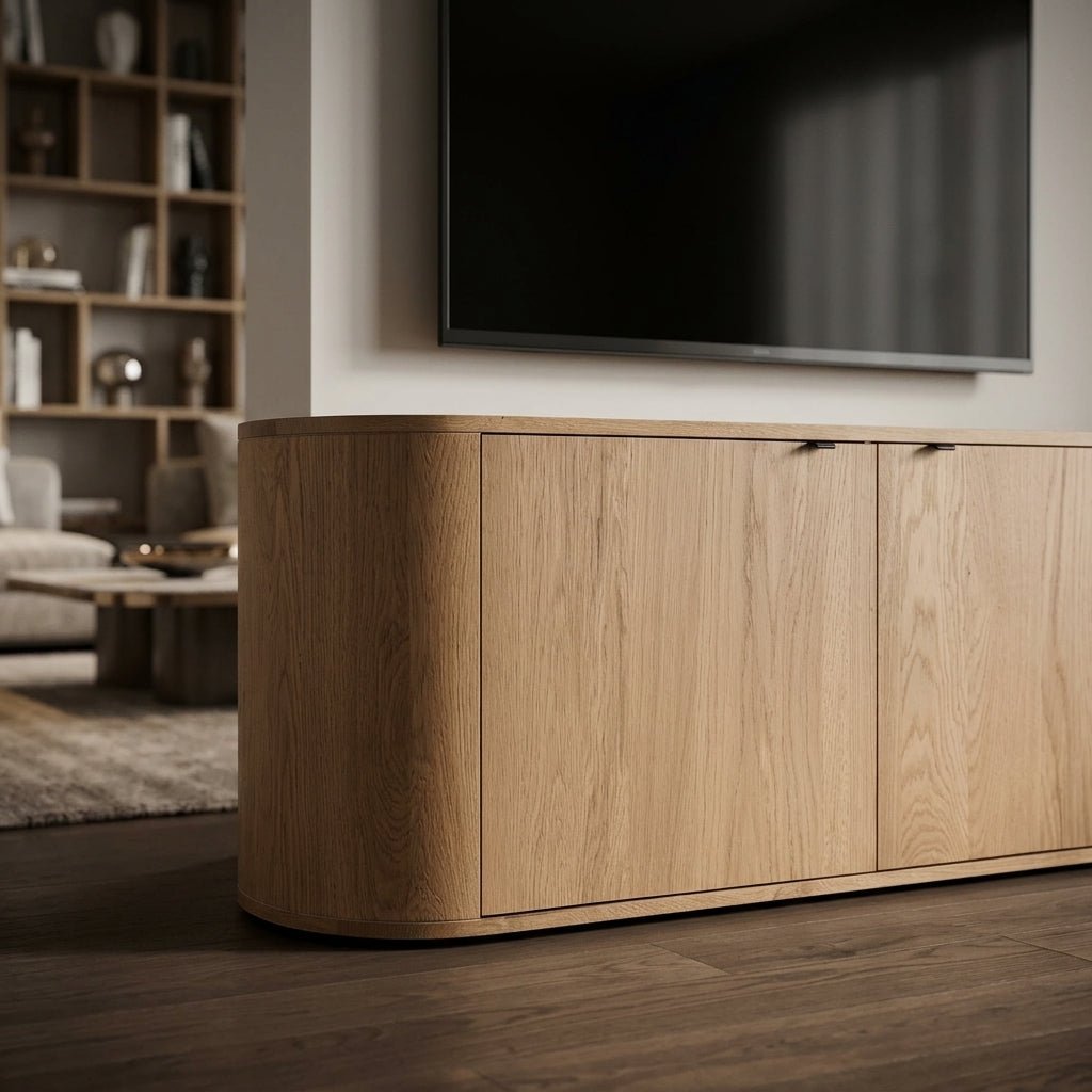 Meuble TV en bois clair, angle avant : façade à deux portes et piétement arrondi
