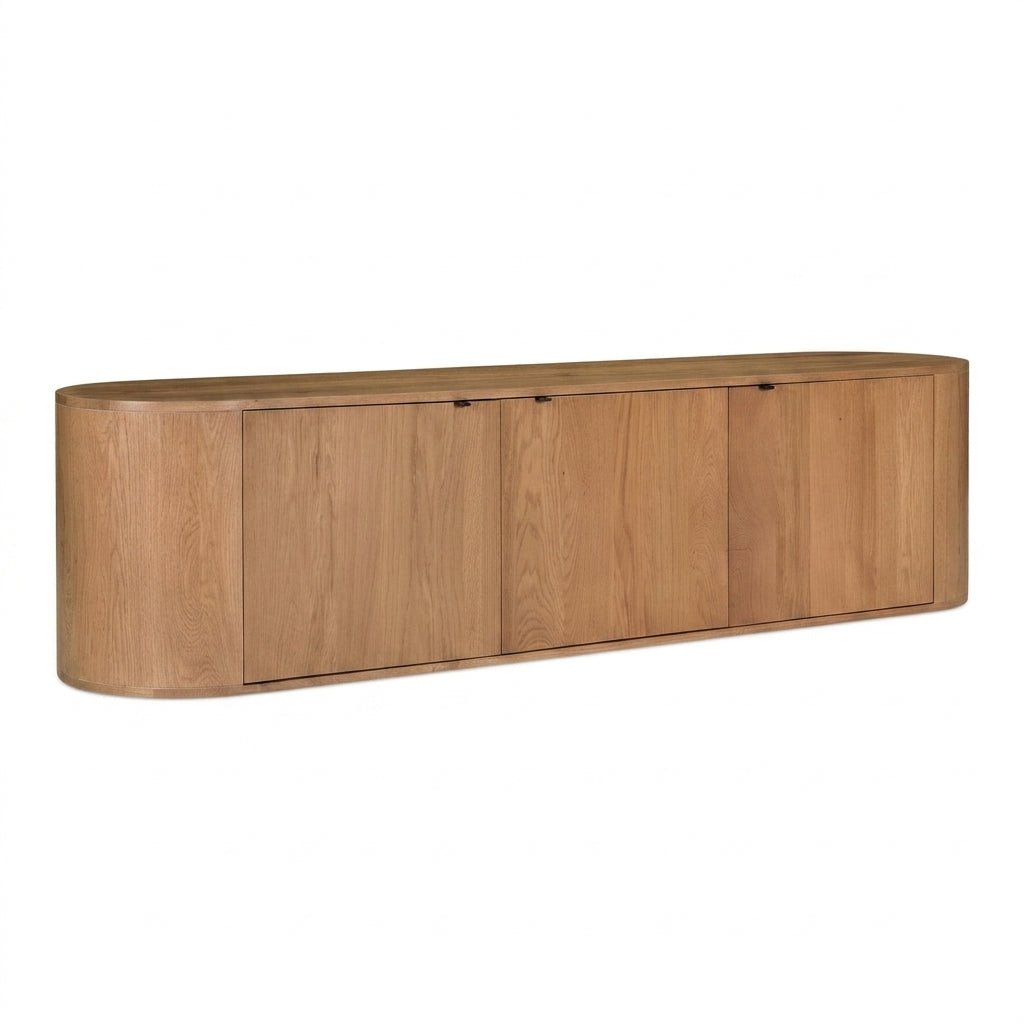 Meuble TV en bois clair avec façade à portes, forme semi-circulaire