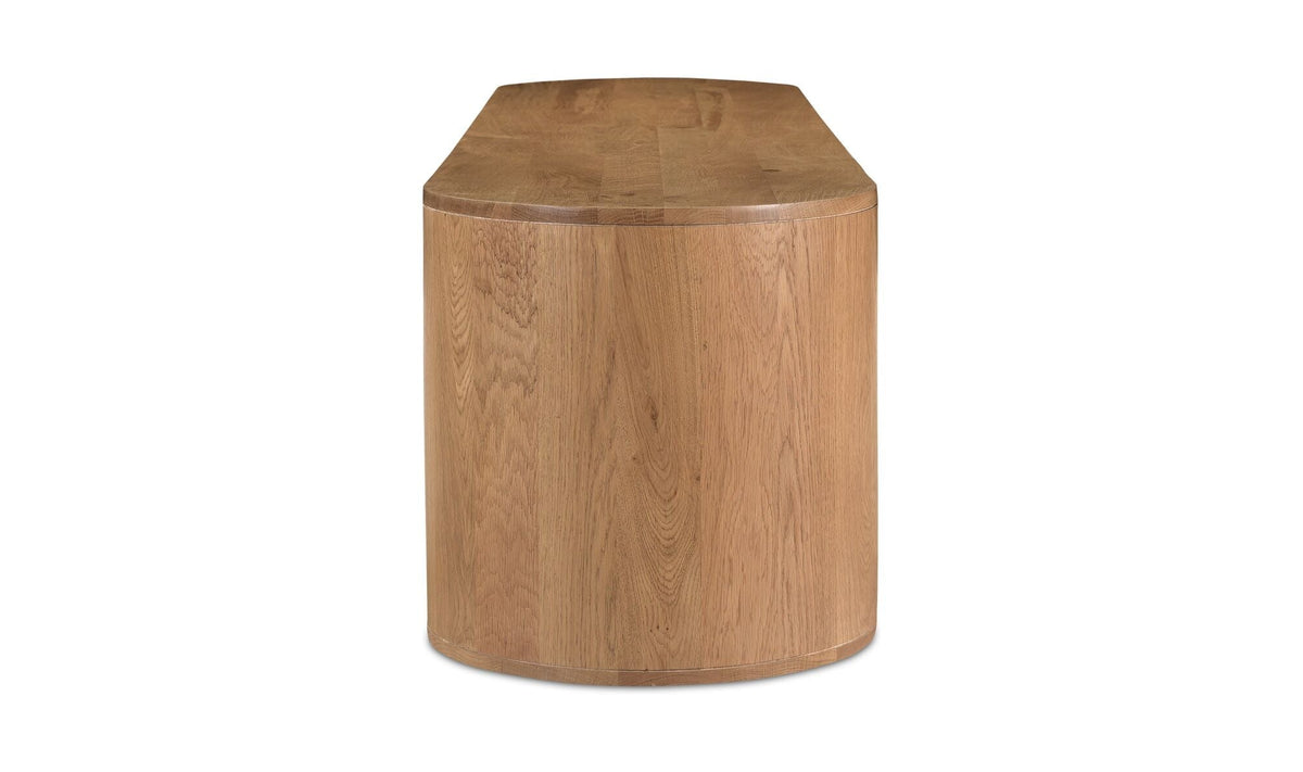 Meuble TV en bois clair, vue de dessus : forme cylindrique à angles arrondis