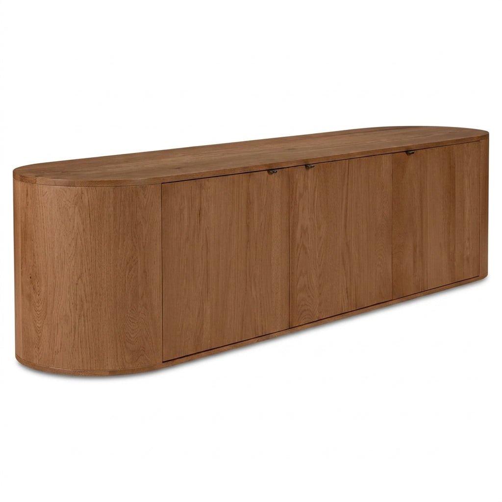 Meuble TV en bois brun clair, quatre portes, angle rapproché du panneau frontal