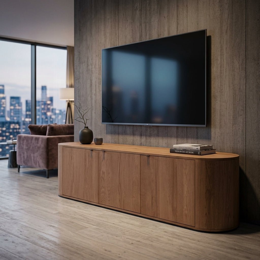 Meuble TV en bois clair, trois portes, design épuré, vue en angle