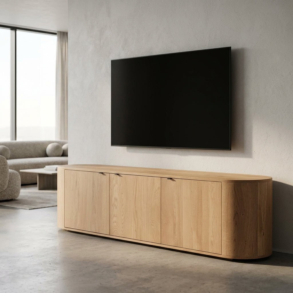 Meuble TV en bois clair avec plateau arrondi et 3 portes pour l’écran