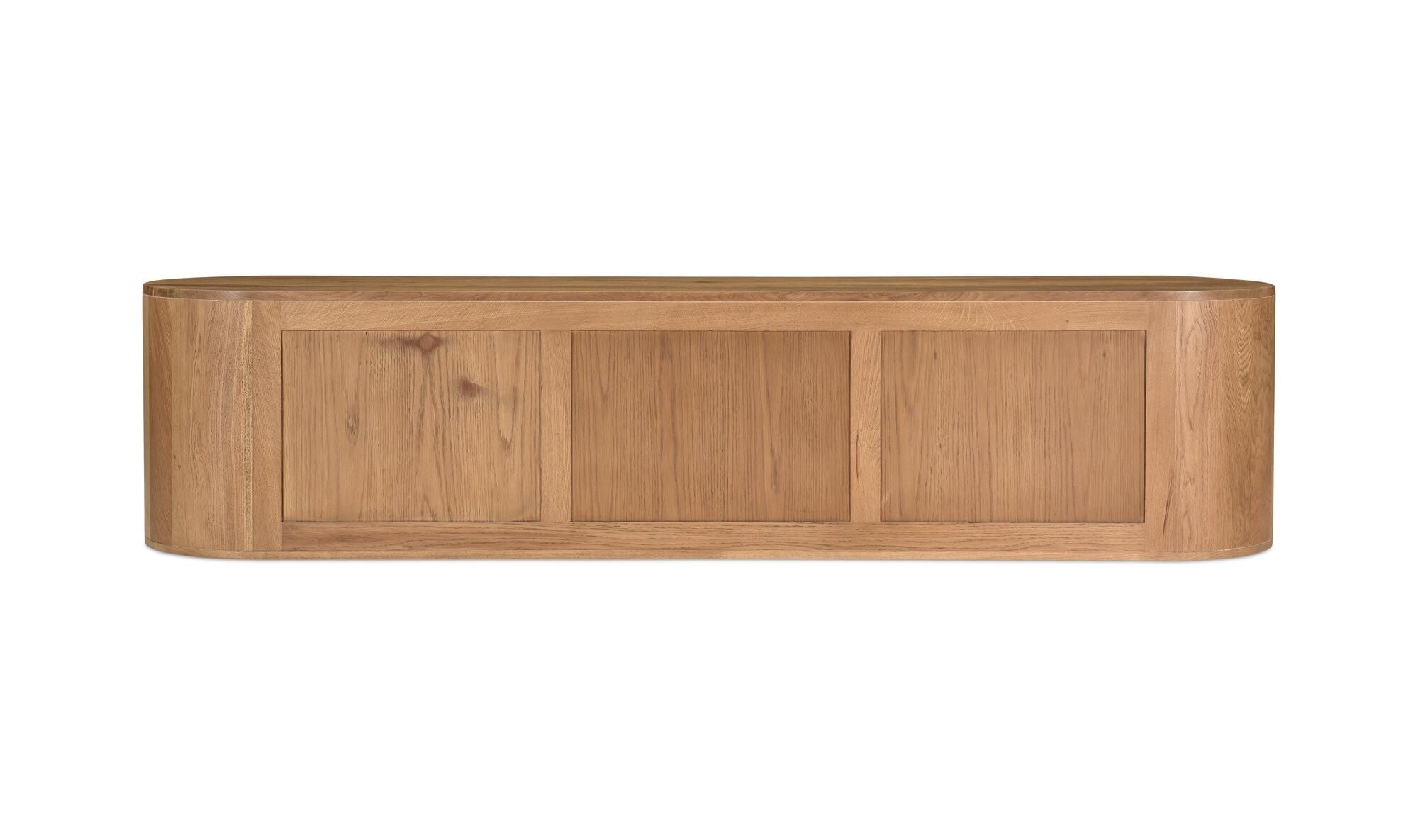Meuble TV en bois clair, vue de face : compartiments à portes et bord arrondi