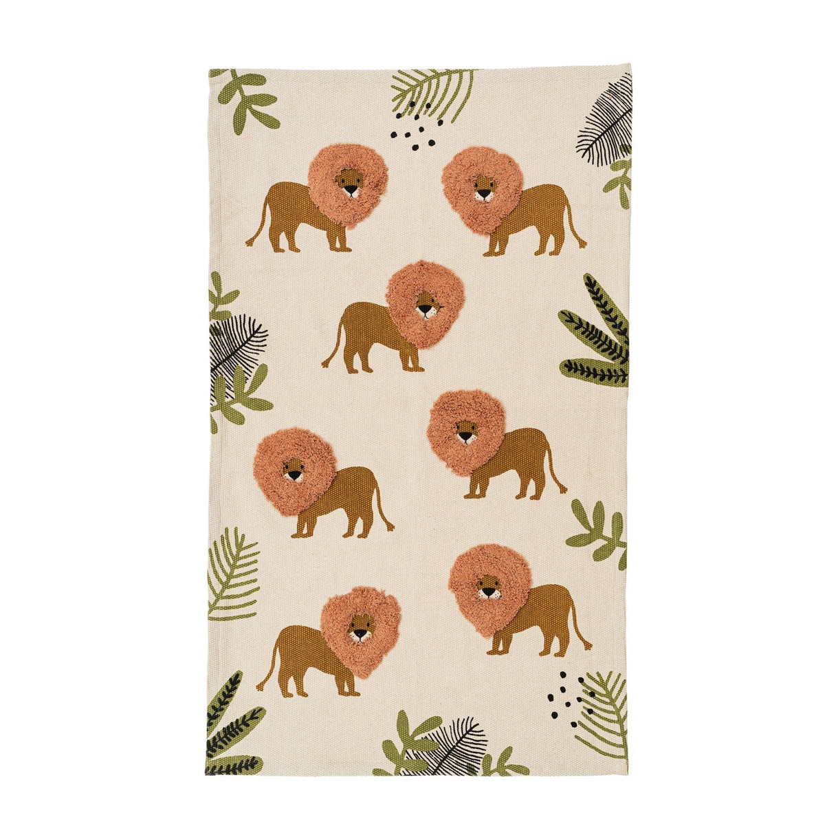 Tapis rectangulaire en coton crème, lions tuftés et feuilles vertes, motif décoratif