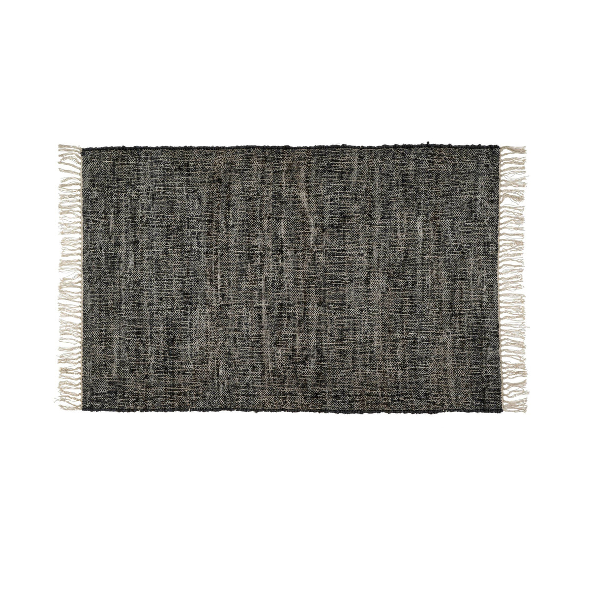 Tapis rectangulaire en jute et coton tissé à la main, bleu indigo foncé, franges.