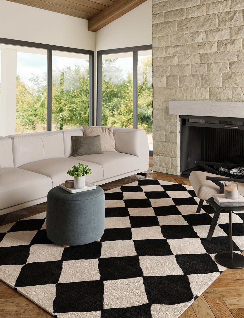 Tapis Trestres Noir & Ivoire | Motif Marocain à Carreaux - Les Trouvailles de JustinerugsartiplantoMachine Washable6'x9'