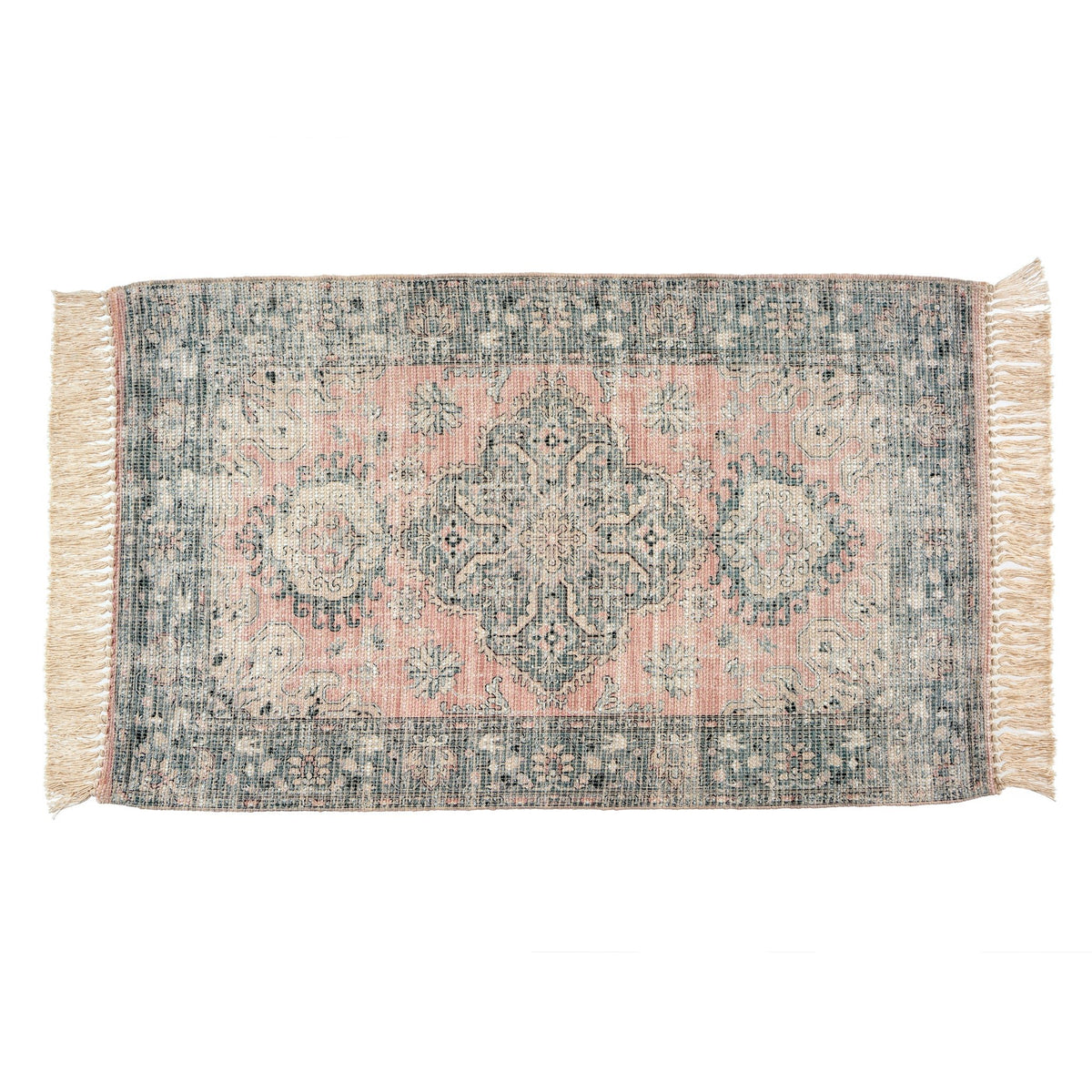 Tapis rectangulaire coton recyclé bleu et rose à motifs inspirés turcs, franges sur les bords