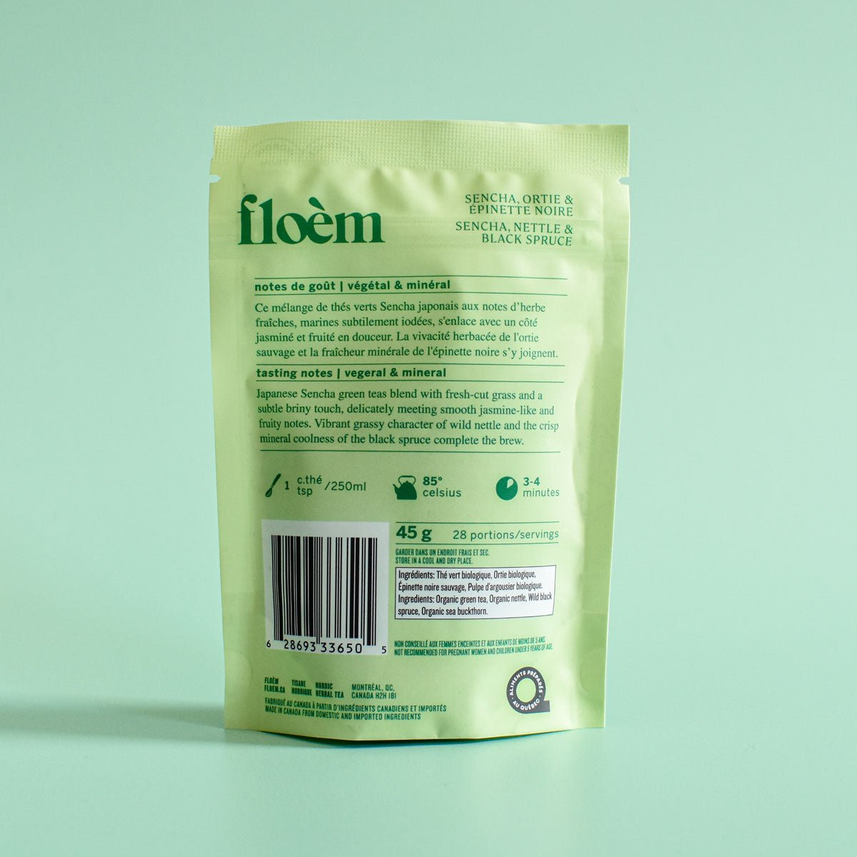 Thé en vrac – Thé vert Sencha, Ortie & Épinette noire – Floèm - Les Trouvailles de JustineTea & InfusionsFloèmSac 45g / Vrac