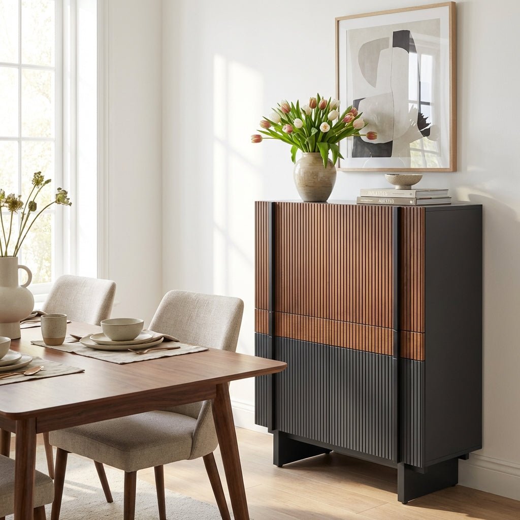 Buffet Girona en noyer et noir mat | Design contemporain texturé