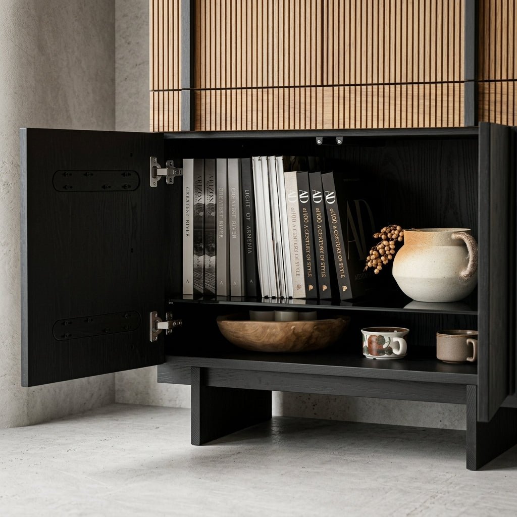 Buffet Girona en noyer et noir mat | Design contemporain texturé