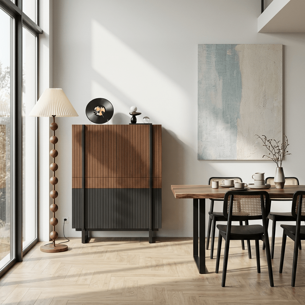 Buffet Girona en noyer et noir mat | Design contemporain texturé