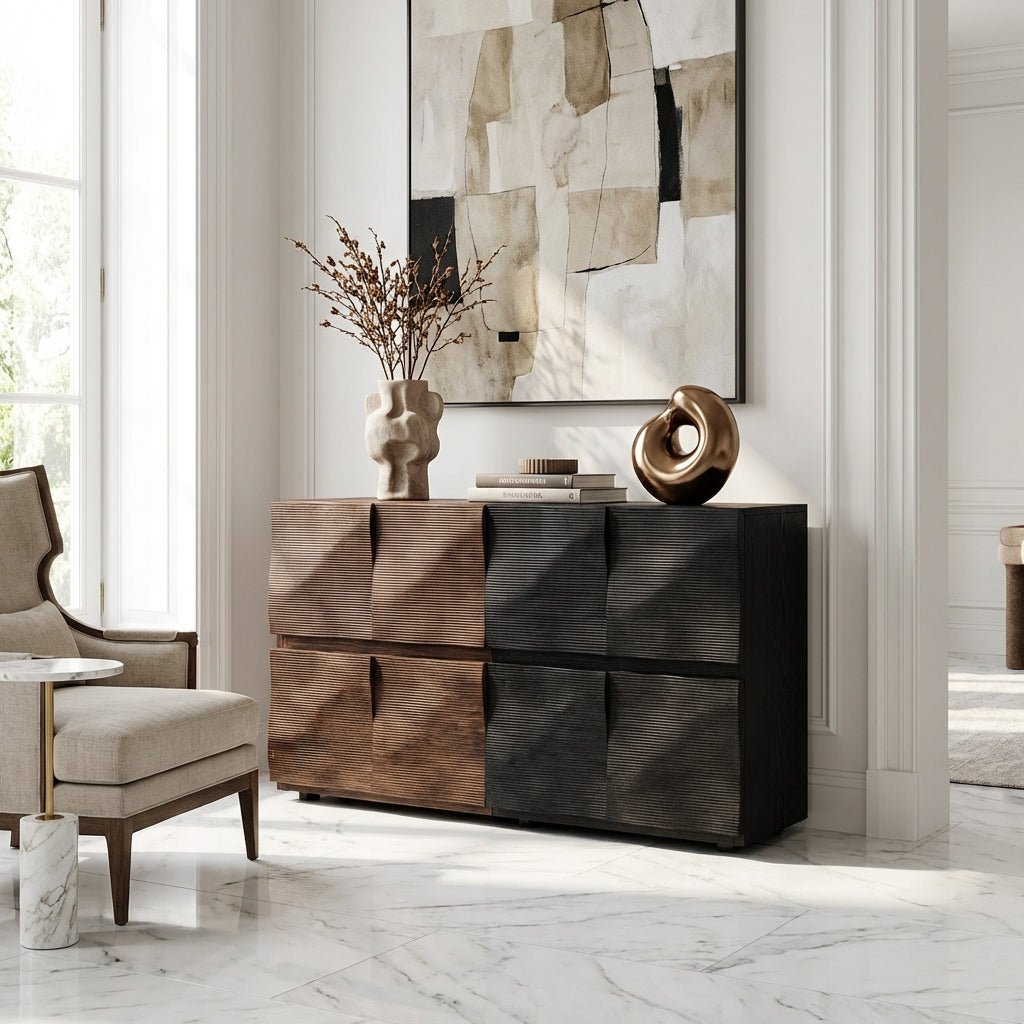Buffet Ripple en bois texturé ondulé | Design contemporain sculptural | Fait main