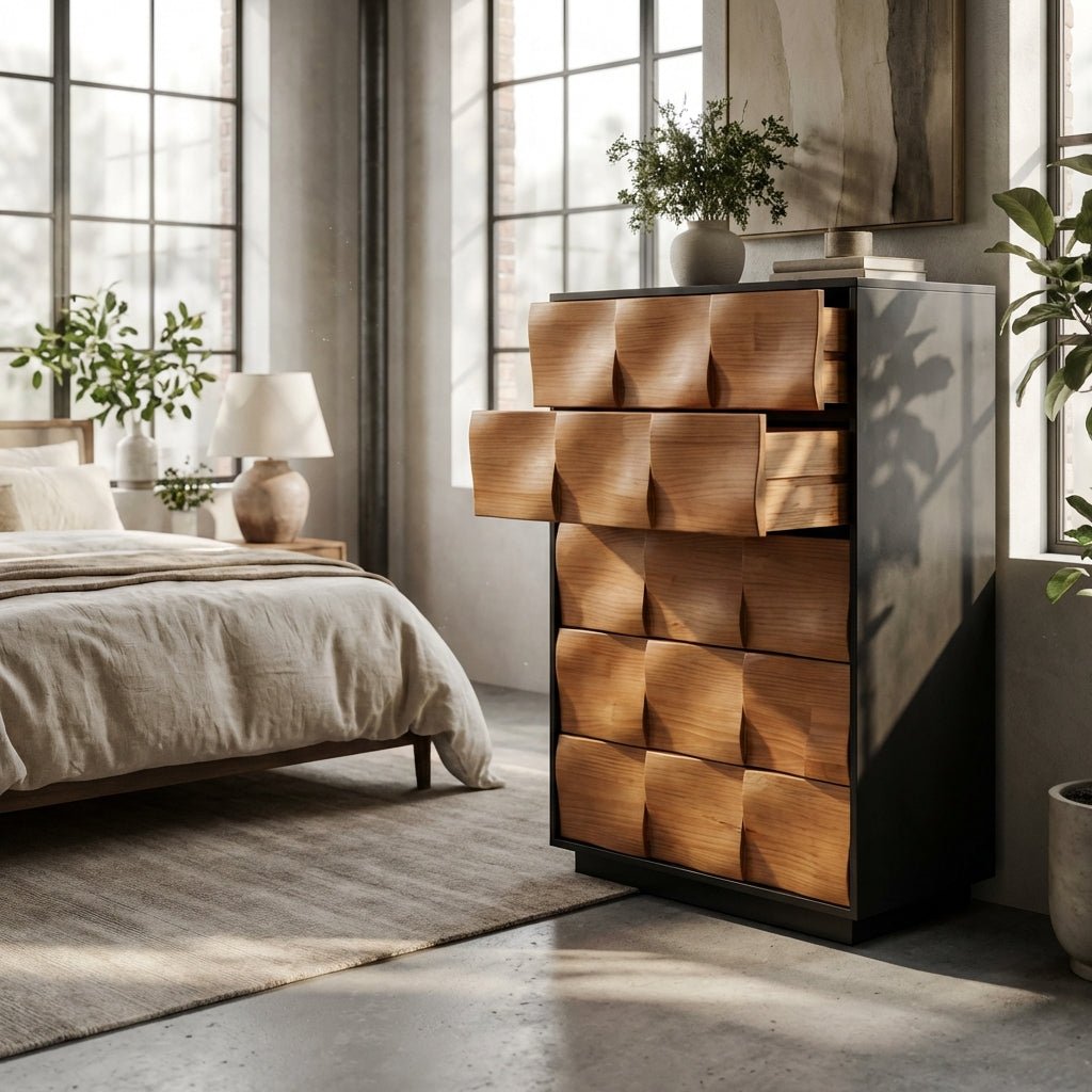 Commode Savannah 5 tiroirs en bois noyer | Style mid-century moderne | Fait main