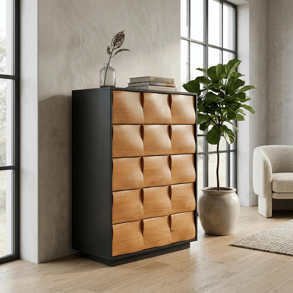 Commode Savannah 5 tiroirs en bois noyer | Style mid-century moderne | Fait main