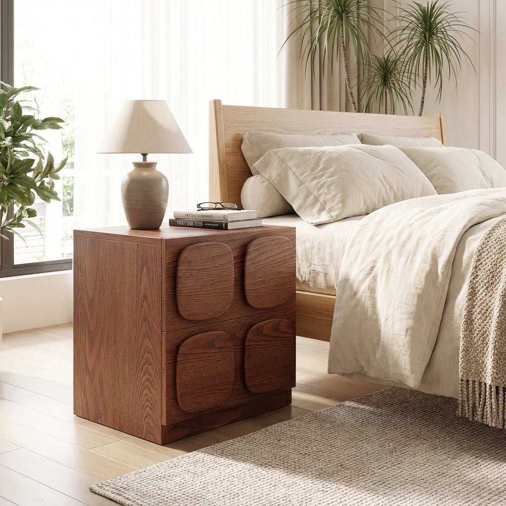 Table de chevet St. Stephen | Chêne massif teinté | Design géométrique