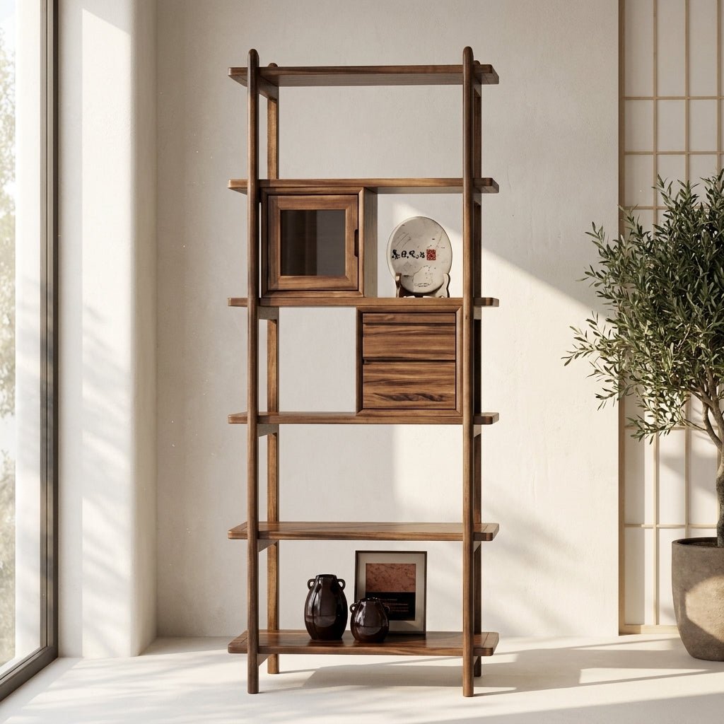 Thessaloniki Black Walnut Bookshelf | Elegant Glass Doors | Handcrafted