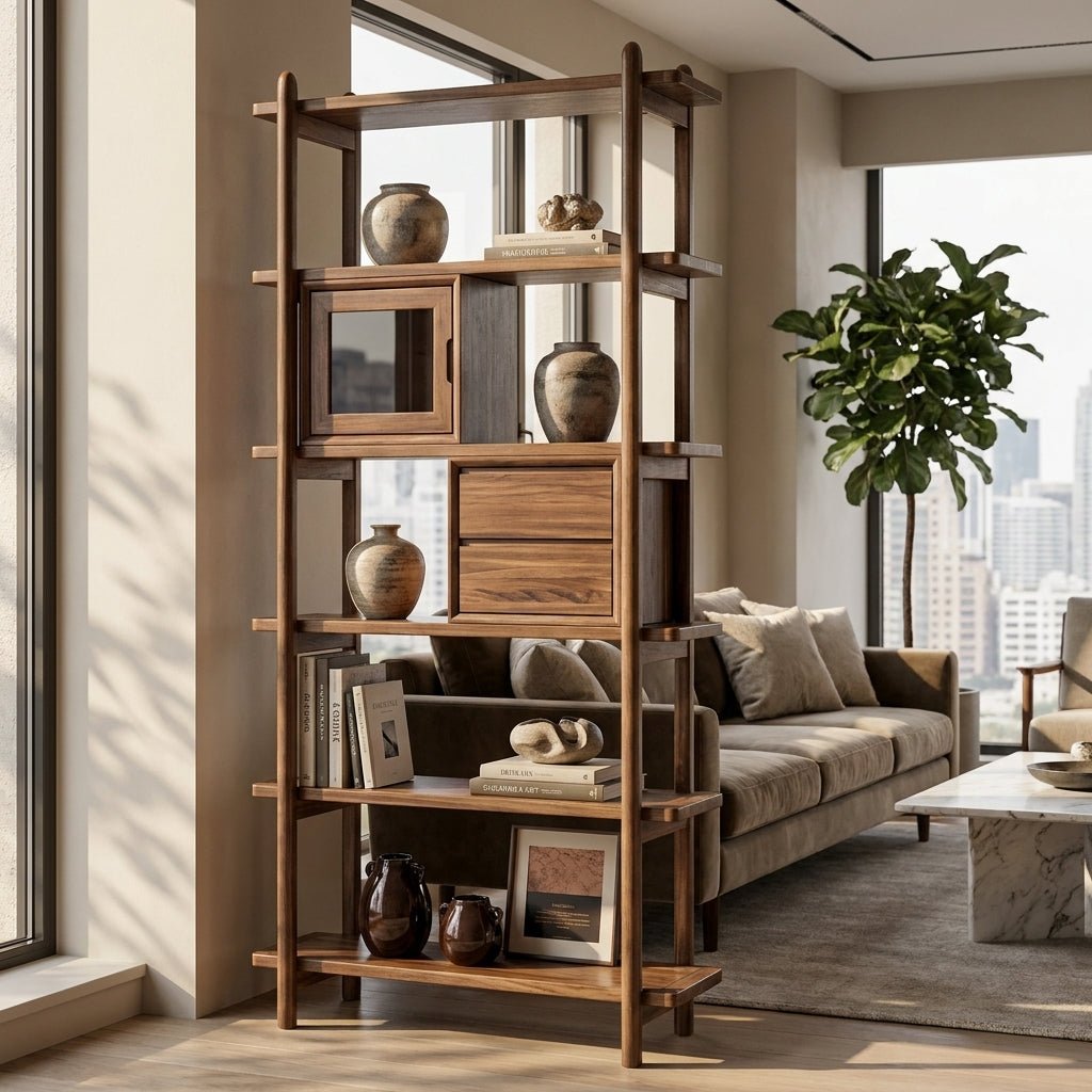 Thessaloniki Black Walnut Bookshelf | Elegant Glass Doors | Handcrafted