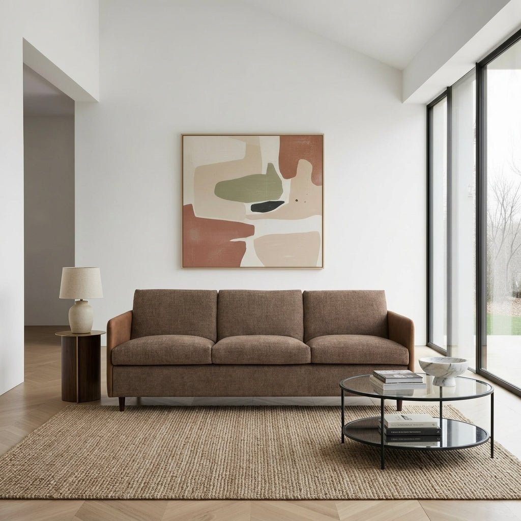 Canapé Tirana 3 places en tissu gris, accoudoirs hauts et pieds fins, style contemporain